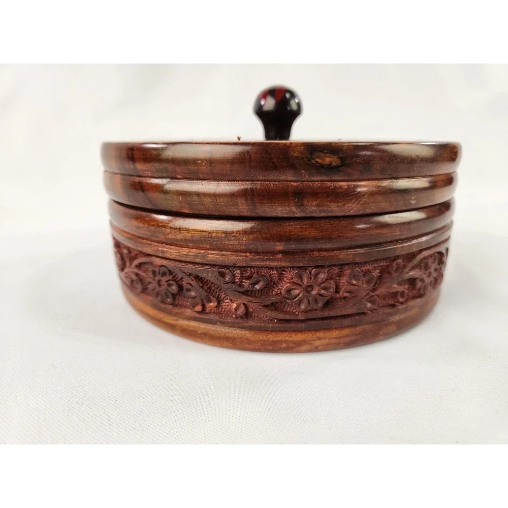 Handcrafted‎ Wooden Chapati Box Wood Divided Floral Carving Decorative Container
